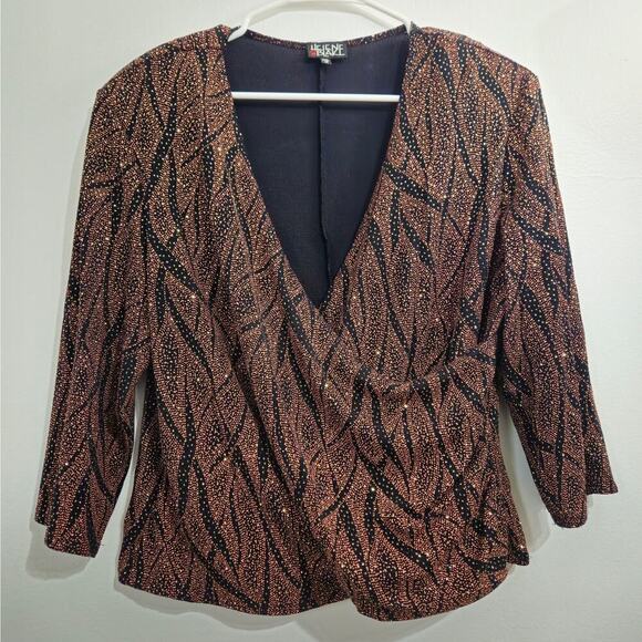 Helene Blake Sparkly Brown Crossover V-Neck Blouse Size 1x 3/4 Sleeve - Picture 3 of 8
